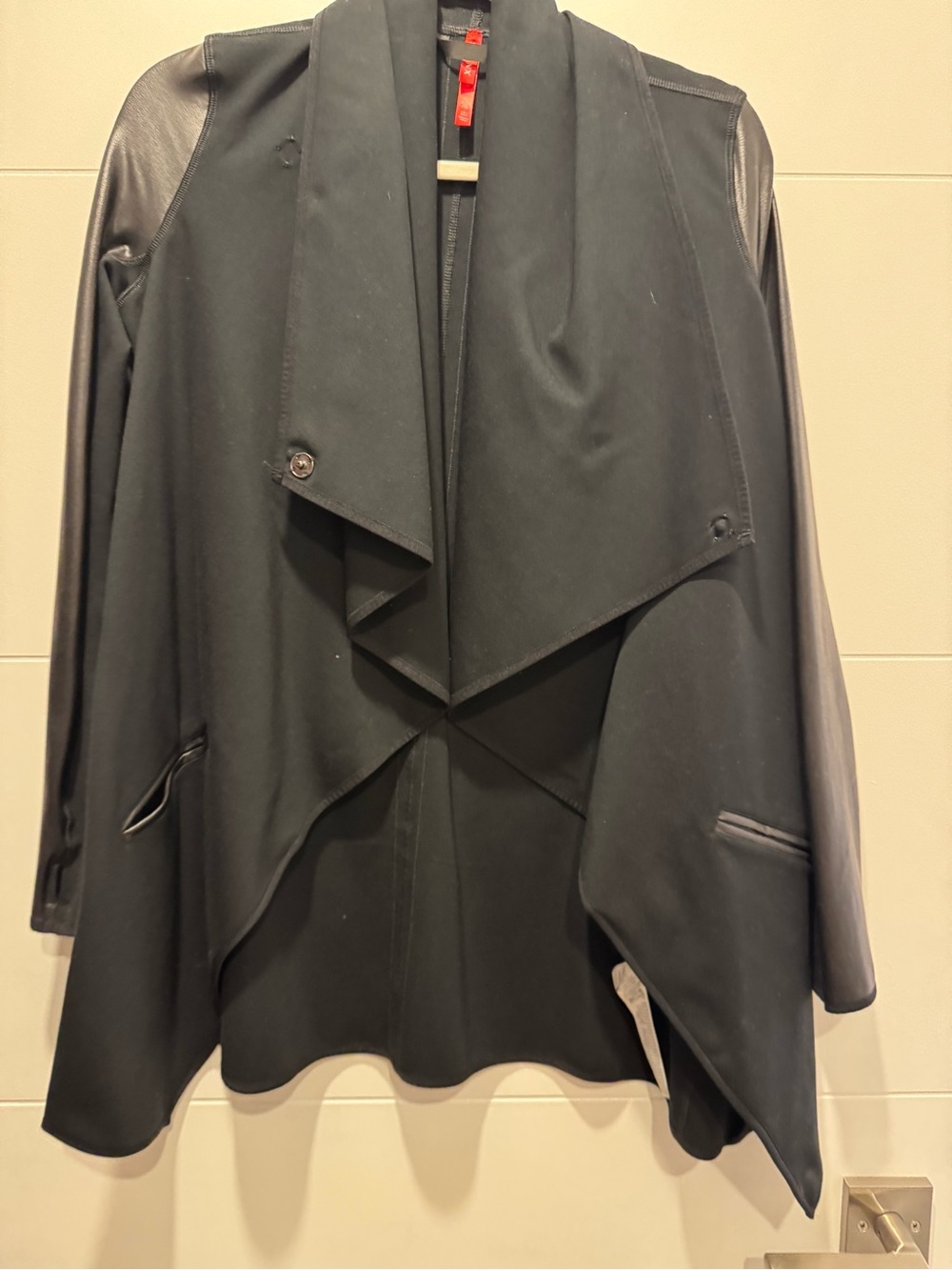 SPANX Black Draped Open-Front Cape Jacket with Faux Leather Sleeves